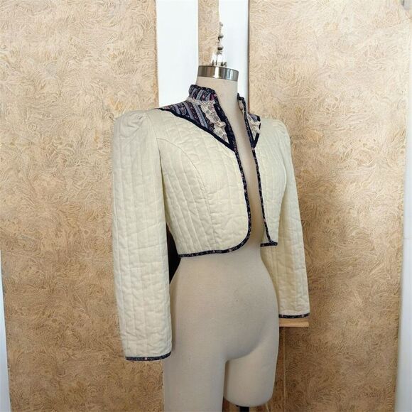 Vintage 1970s White Quilted Fitted Puff Prairie Jacket Cropped XS Small - Picture 2 of 5